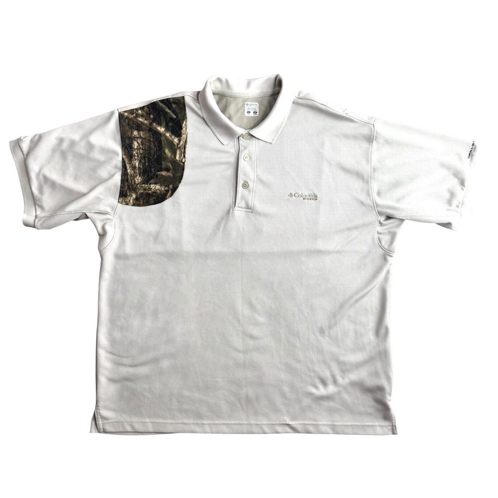 Columbia Hunting Polo Shirt Mens Size M White Camo Short Sleeve Pad Contrast